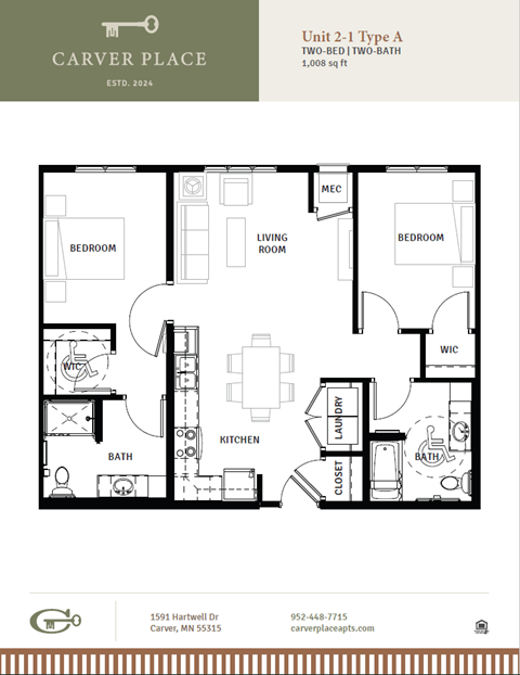 Floor plan for 2 beds, 2 baths, 939 sqft